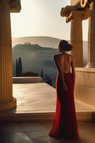 A captivating wide-angle photograph of a stylish young woman with striking blue-green eyes and bold red lips, elegantly standing silhouetted against the radiant sunlight at the iconic Acropolis. Her mesmerizing eyes gleam with confidence as she gazes into the distance, embodying grace and poise. Clad in a fashionable outfit that complements her silhouette, she is the epitome of sophistication. The cinematic lighting masterfully highlights her profile against the golden backdrop, while the vast expanse of the Acropolis stretches out behind her. The harmonious interplay of natural light, the breathtaking landscape, and the woman's poised demeanor creates an atmosphere of serenity and unparalleled beauty, evoking a sense of timeless elegance, vibrant, cinematic, and fashion., fashion, vibrant, cinematic