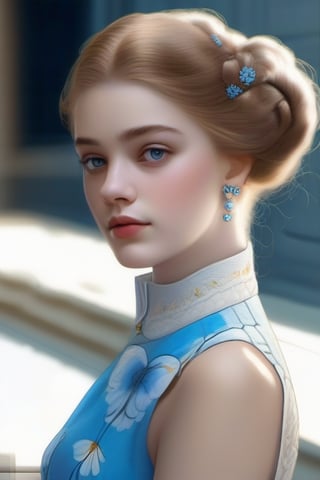 A stunning portrait of a young woman with fair skin and light-colored eyes. Her hair is elegantly styled in an updo, adorned with a beautiful blue flower accessory. The woman wears a high-necked blouse featuring a captivating pattern of light blue butterflies, which are delicately woven into the fabric. The blouse is paired with a white collar and a decorative brooch, adding an elegant touch to her attire. The background is softly lit and light-colored, allowing the viewer's focus to be solely on the subject's captivating beauty.