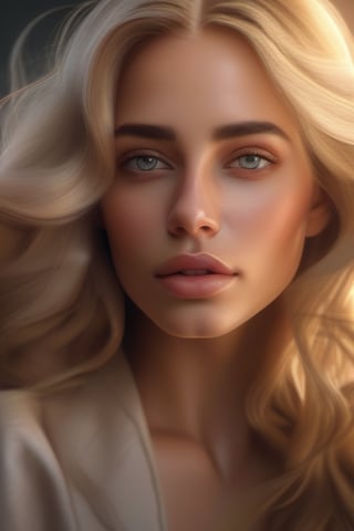 a beautiful woman with light colored hair, her hands cupped around her face, detailed eyes, detailed lips, flowing hair, elegant feminine pose, photorealistic, 8k, high quality, intricate details, realistic skin texture, warm lighting, cinematic composition, dramatic lighting, oil painting, digital art, masterpiece