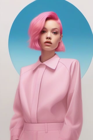 A captivating minimalist artwork portrays a young woman with mesmerizing sky blue eyes and bold bubblegum pink hair. She is dressed in a simple, monochromatic outfit, contrasting her vibrant hair color. The background is a pristine white space, accentuating her unique appearance. The image masterfully merges painting, illustration, and cinematic styles, emphasizing the woman's striking features and the clean, white architecture in the background. The overall atmosphere is modern, experimental, and playful, making it a truly conceptual piece of art., painting, architecture, fashion, vibrant, cinematic, illustration, conceptual art