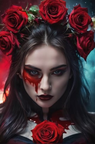 (Masterpiece, Top Quality, Absurd), ((Female)), ((Vampire)), (Dark background), Solo, Portrait, Looking directly at viewer, ((Tilts head forward, looking down) )), (details of the face), eyes closed, long black eyelashes, (beautiful blood-red rose with thorns: 1.2)), red blood, smelling the scent of roses, rose thorns piercing the skin, ( (The rose is placed behind the body)), (Blood dripping from the mouth), Tears of Blood, ((Blood Blood)), Gothic, Morbid, (Limited Palette: 0.8), Bloodstains, Graphic Background, and more prisms, bright colors, crazy, glowing eyes, extra eyes, horror \(theme\), glitter