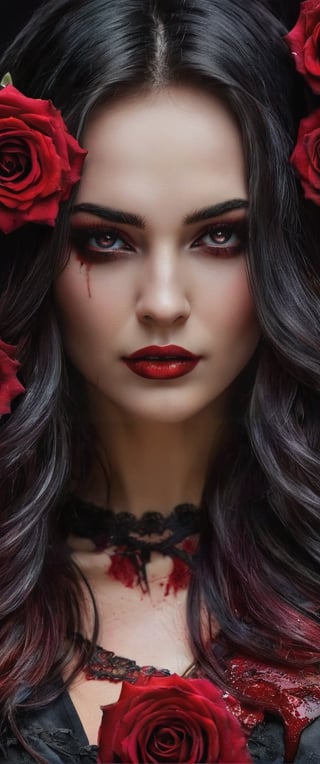 (Masterpiece, Top Quality, Absurd), ((Woman)), ((Vampire)), (Dark background), Solo, Portrait, ((Head tilted forward, looking down)), (Facial details), Closed eyes, long black eyelashes, (beautiful blood-red rose with thorns: 1.2)), red blood, smelling the scent of roses, rose thorns piercing the skin, ((roses placed at the back of the body) ), (Blood dripping from the mouth), Blood Tears, ((Blood Blood)), Gothic, Morbid, (Limited Palette: 0.8), Bloodstains, Graphic Backgrounds, More Prisms, Bright Colors, Crazy, Shining eyes, extra eyes, horror \(theme\), glitter