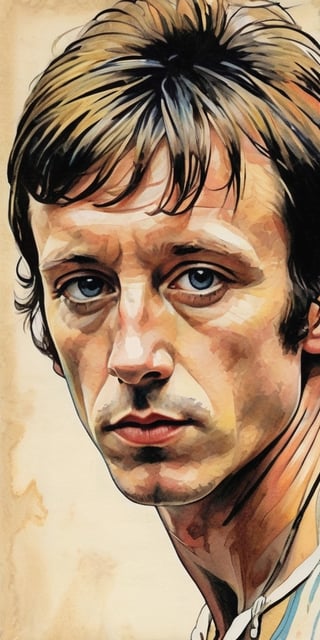 ((Portrait of Young Topper Headon)), ((Nicholas Bowen "Topper" Headon)), Portrait of a Face, (((While in The Clash)), Drummer, London Calling, Tommy Gunn , White Riot, Thin Body, Subdued Colors, Digital Painting, ((Illustration Depth) )), Frontal Image, Haunting, Very Complex Work, Drawing Style by Milo Manara, Drawing Style, 2D