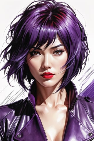 Pencil sketch of a 27 year old beautiful Asian and French mi woman, Motoko Kusanagi cyborg sketch, Ghost in the Shell purple bob cut, messy hair, attractive, Charles Miano portrait, ink drawing, illustration art, soft Lighting, details, details Flowing rhythm, elegant, low contrast, adding soft blur with thin lines Lines, plump lips, red eyes, leather jacket, serious features