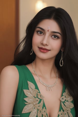 Indian girl, smiling, zoom face on camera, slim body, big boobs 2.5 a thirty year old beautiful pakistani girl, similar to Hiba bukhari, pakistani black fancy dress, realistic, pale skin, confused girl, low quality, social media photo,
full body picture

red lips, 

long hair, 

Real jewelry, in Saroj Sahu Style, Contentmentism,