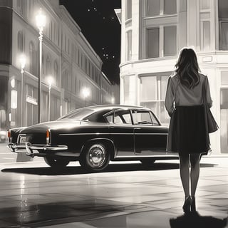 As the sleek sedan hummed to a halt, its doors unlocked with a satisfying click. Nearby, a young woman stood, her silhouette outlined by the soft glow of the streetlights. She glanced over her shoulder, her expression a mix of surprise and curiosity, as the car's security system engaged with a series of precise and reassuring beeps.