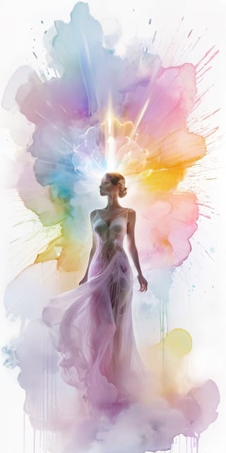 A woman with her hands holding a glowing light in her hands, ethereal, on a white background, with watercolor splatter, an interplay of pastel hues and rainbow colors, with a double exposure effect, golden rays emanating from the center, a soft glow, a mysterious aura, ethereally beautiful, with soft edges, delicate details, a celestial energy radiance, whimsical, a surreal atmosphere, dreamy, with watercolor splashes in the style of Yoji Shinkawa and colorful pastel tones in the style of Greg Rutkowski, with detailed light effects, dreamy and ethereal, with delicate brushstrokes, high quality, high resolution, high detail