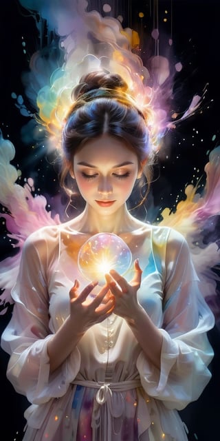 A woman with her hands holding a glowing light in her hands, ethereal, on a white background, with watercolor splatter, an interplay of pastel hues and rainbow colors, with a double exposure effect, golden rays emanating from the center, a soft glow, a mysterious aura, ethereally beautiful, with soft edges, delicate details, a celestial energy radiance, whimsical, a surreal atmosphere, dreamy, with watercolor splashes in the style of Yoji Shinkawa and colorful pastel tones in the style of Greg Rutkowski, with detailed light effects, dreamy and ethereal, with delicate brushstrokes, high quality, high resolution, high detail