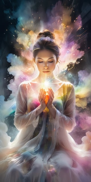 A woman with her hands holding a glowing light in her hands, ethereal, on a white background, with watercolor splatter, an interplay of pastel hues and rainbow colors, with a double exposure effect, golden rays emanating from the center, a soft glow, a mysterious aura, ethereally beautiful, with soft edges, delicate details, a celestial energy radiance, whimsical, a surreal atmosphere, dreamy, with watercolor splashes in the style of Yoji Shinkawa and colorful pastel tones in the style of Greg Rutkowski, with detailed light effects, dreamy and ethereal, with delicate brushstrokes, high quality, high resolution, high detail