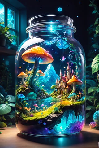 A jar encapsulating a fantastical realm, high saturation, vibrant hues of an enchanting landscape contained within glass, floating islands, mythical creatures visible through the transparency, twinkle of magical elements, depth illusion gradient, ambient occlusion for a tactile feel, pixel-perfect illumination, ultrafine details, nostalgic aesthetic.
