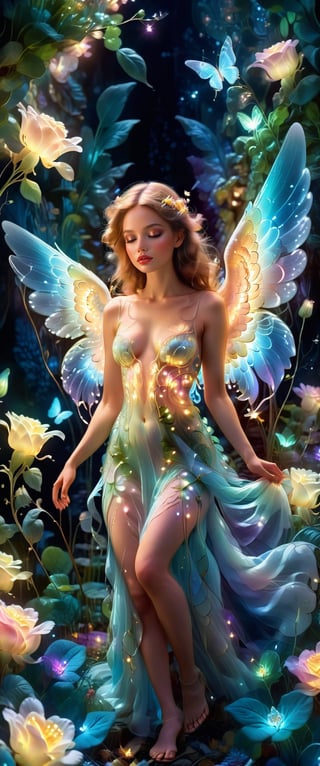 Ultra detailed illustration of an angel lost in a magical world full of wonders, unique luminous flora never seen before, highly detailed, pastel colors, digital art, art by Mschiffer, night, dark, bioluminescence