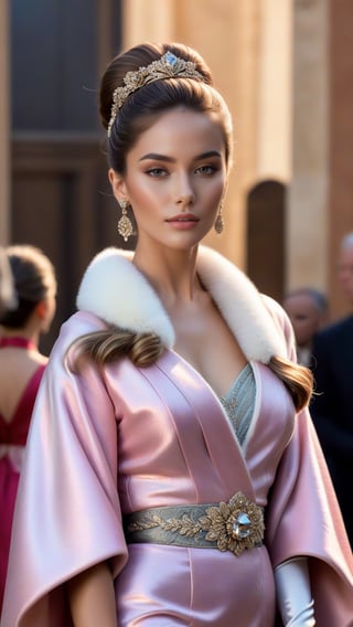 best quality, masterpiece,	
A Hollywood luminary, inspired by the beauty of a Spanish girl, radiates in a modern interpretation of a pink kimono, infused with Rococo elegance, and accented with a fur-trim capelet, her dark blonde hair styled in an elegant bun. Her look is elevated with chic fashion accessories, merging the allure of historical opulence with the finesse of contemporary style.
ultra realistic illustration, siena natural ratio, ultra hd, realistic, vivid colors, highly detailed, UHD drawing, perfect composition, ultra hd, 8k, he has an inner glow, stunning, something that even doesn't exist, mythical being, energy, molecular, textures, iridescent and luminescent scales, breathtaking beauty, pure perfection, divine presence, unforgettable, impressive, breathtaking beauty, Volumetric light, auras, rays, vivid colors reflects.