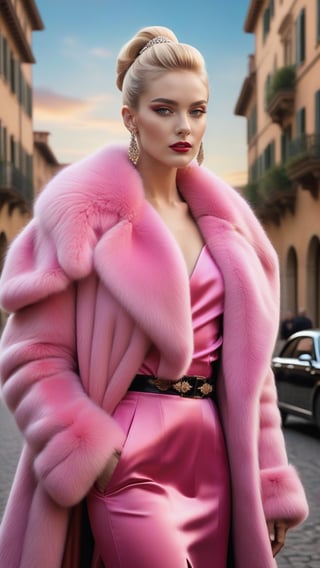 best quality, masterpiece,	
Imagine a stunning German beauty, her hair styled in a blonde ponytail, draped in a pink fur coat that marries the opulence of Rococo and Victorian aesthetics with a modern twist. Her look is a homage to the 1930s, embodying the glamour of Hollywood stars with a contemporary edge. This ensemble not only revives the enchanting allure of the 1930s Hollywood but also infuses it with a modern vibrancy, showcasing her as a timeless symbol of sophistication and style.

ultra realistic illustration, siena natural ratio, ultra hd, realistic, vivid colors, highly detailed, UHD drawing, perfect composition, ultra hd, 8k, he has an inner glow, stunning, something that even doesn't exist, mythical being, energy, molecular, textures, iridescent and luminescent scales, breathtaking beauty, pure perfection, divine presence, unforgettable, impressive, breathtaking beauty, Volumetric light, auras, rays, vivid colors reflects.