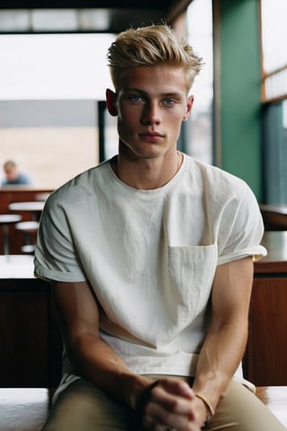 

RAW candid camera, 16mm, color graded portra 400 film, remarkable color, ultra realistic, textured skin, remarkable detailed pupils, realistic dull skin noise, visible skin detail, skin fuzz, dry skin, shot with cinematic camera of (((A full-length handsome young blond guy. Dressed in a white ,sleavless shirt,Crew-cut haircut, It stands in the middle of Coffee Baar, The bar is stylish modern, Mysterious))), (Dodge green and Sienna and MintCream color palette), brushwork mastery, NavajoWhite and Bronze and IndianRed color palette, magewave, whistlerian, fine lines. ,Extremely Realistic,aesthetic portrait