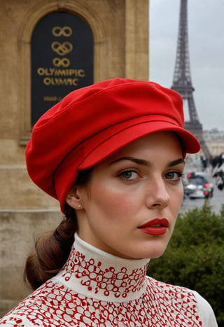 score_9, score_8_up, score_7_up, (masterpiece, best quality, highly detailed), portrait of a french woman with turtleneck shirt wearing (red Phrygian cap) with (Olympic circles:1.4) in background and Paris
