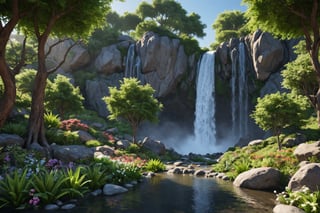 score_9, score_8_up, score_8, volumetric lighting,
no humans, traquild garden of eden, calming scenery, trees, waterfall, flowers, rocks, realistic, photorealistic, HDR,
(masterpiece:1.2), (best quality:1.2), newest, ai-generated, 