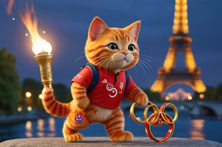 (masterpiece, best quality, highly detailed), red cat carrying Olypic torch, Olympic games logo, Olympic circles, Paris 2024
