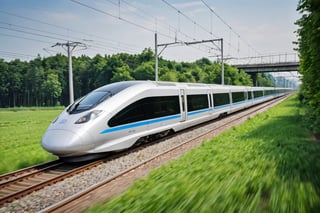 photo of a high-speed train, maglev, modern, in motion, motion blur, very fast, beautiful landscape with greenery