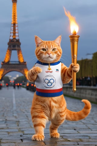 (masterpiece, best quality, highly detailed), orange cat carrying Olypic torch, Olympic games logo, Olympic circles, Paris 2024
