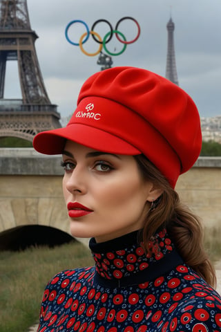 (masterpiece, best quality, highly detailed), portrait of a french woman with turtleneck shirt wearing (red Phrygian cap) with (Olympic circles:1.4) in background and Paris
