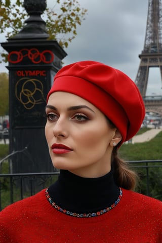 (masterpiece, best quality, highly detailed), portrait of a french woman with turtleneck shirt wearing (red Phrygian cap) with (Olympic circles:1.4) in background and Paris
