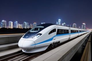 photo of a high-speed train, maglev, modern, in motion, motion blur, very fast, beautiful landscape, nighttime, bright city lights, magnificent