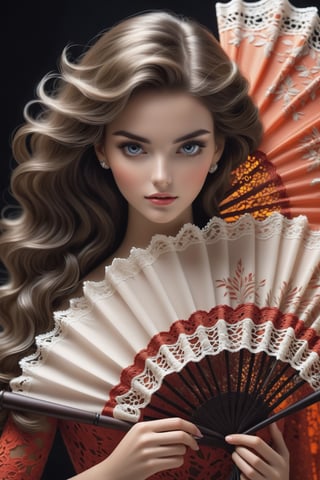 (masterpiece), Slender woman holds her Spanish lace fan in her hand, (she places the Spanish fan on her waist, as if it were a belt. This highlights her figure and her style), The image has a geometric art style, with simple shapes and solid colors, which give her an elegant and sober look, real and detailed, highlights the color of her eyes, The image must be high impact, the background must be dark and contrast with the figure of the girl, The image must have a high detail resolution of 8k, (full body), (artistic pose of a woman points the closed Spanish lace fan to something or someone), in 8k quality, the woman shows an attitude of confidence, romantic style, realy detailed, highlights the color of your eyes, The image must be high impact, The image must have high detail 8k resolution, image (full body), (artistic pose of a woman),Leonardo Style, neon style