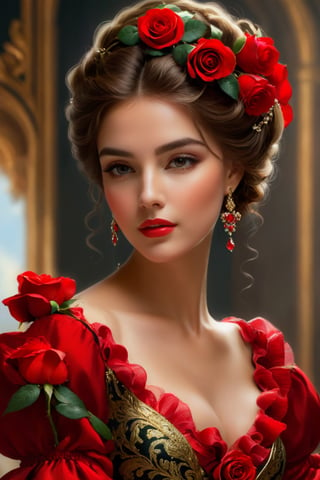 woman in red dress with rose in her hair, elegant digital painting, elegance digital art, baroque digital painting, elegant portrait, exquisite digital illustration, stunning digital illustration, fantasy style portrait, realistic 4k digital art, realistic 4k digital art, Beautiful digital illustration, bowwater style, beautiful portrait in fantasy style, digital painting of the Renaissance