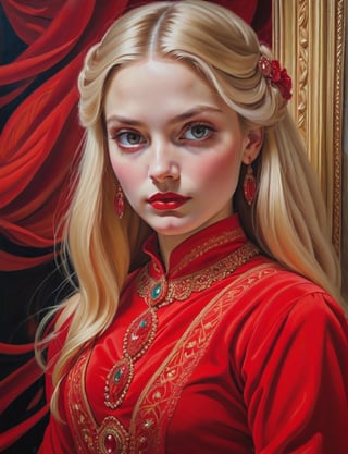 painting of a girl in a red dress, Slavic appearance, detailed face, beautiful eyes, black eyelashes, blonde hair, in a red dress, k, oil on canvas;, epic surrealism 8k oil painting, surreal oil painting, perfect, hand, fingers, style of Edward Munch, Leonardo