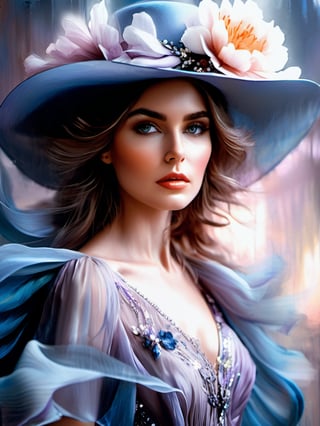 ((sunlight, sun rays)). Close-up of a waist-length woman in a lilac blue chiffon dress with a low neckline, elbow length sleeves, a hat with one large flower, large expressive eyes, black eyelashes, beautiful anatomy, Flower Storm Portrait, Digital Painting On Fire, Digital Painting Style, Stylized Beautiful Portrait, Sultry Digital Painting, Stunning Digital Painting, Portrait Photography, Fashion Photography Art, Beautiful Fantasy Portrait Inspired by Horst Anthes, Digital Fantasy Portrait, Gorgeous Digital Painting, DonMM4g1cXL, more XL, more XL, DonMB4nsh33XL