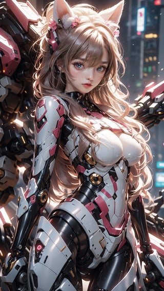 Beautiful women with cat like ears wearing a suit (bodysuit) that is a tight fit. Large breasts, slime thicc, multicolor eyes,, multicolor hair, 2 girls, perfect image unfolds with 8k resolution,mecha,midjourney