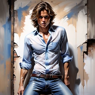 black and white painting, dark cellar, messy hair, guy, looks like Marcus Schenkenberg, wide open shirt, twenty years old, tan skin, middle part hair, darkblonde hair, middle length hair, strands of hair on the face, blue eyes, lips opened, abs, open shirt, wide open shirt, wet white shirt, long sleeves rolled up, see through shirt, shirt stretched, shirt wide open so you can see the perfect body, shirt collar wide open, shirt opened up to the belly button, very tight fitting shirt, skin_tight-Shirt, bright shoulders, arrogant, shirt bottom in jeans, narcissistic, tight fitting jeans trouser, leather belt, sexy, tight shirt, lying on floor,  Extremely Realistic,Sketch