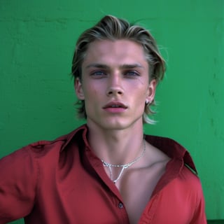 photo, guy, wide open shirt, shirt collar wide open, twentytwo years old, male, tan skin, side part hair, blonde hair, strands of hair over eyes, lips opened, bright shoulders, abs, wide open shirt, long sleeves rolled up, shirt stretches over body, skin tight shirt, narcissistic, arrogant, sexy, beautiful face