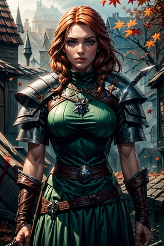 Masterpiece, beautiful details, perfect focus, uniform 8K wallpaper, high resolution, exquisite texture in every detail, Female witcher, ginger hair, braided hair, two swords on back, wolfhead medallion, witcher armor, Dimly lit, Foggy, Octane Render, Fantasy style, Dark souls style, wood, autumn, green glowing eyes, Masterpiece, 