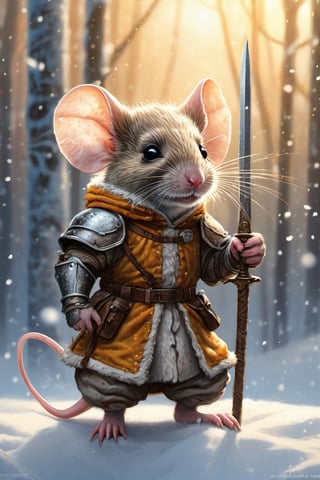 Hyper-detailed  painting, Jean-Baptiste Monge style, a cute little mouse in the snow dressed as a fearsome knight, splash, glittering, cute and adorable, filigree, lights, fluffy, magic, surreal, fantasy, digital art, ultra hd, hyper-realistic illustration, vivid colors, UHD, cinematic perfect light,

greg rutkowski, Extremely Realistic