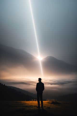 Generate a high-quality and enigmatic image featuring a shirtless man standing contemplatively on the hill top with blood rain falling. foggy srounding, Infuse the scene with an air of mystery, emphasizing the interplay of light and reflections of the plane's surface. Utilize generative techniques to capture the details of the man's silhouette against the sky, creating an image that sparks intrigue land invites viewers to ponder the untold story behind the atmospheric setting. Consider simulating the use of a professional camera, such as a Nikon Z7, to achieve a high-resolution shot that accentuates the mystique of the scene with nuanced red light and fog play, full body ,bright srounding, colour of fog is multiple.,photorealistic