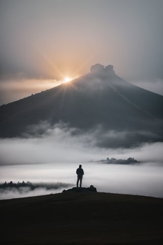 Generate a high-quality and enigmatic image featuring a shirtless man standing contemplatively on the hill top with blood rain falling. foggy srounding, Infuse the scene with an air of mystery, emphasizing the interplay of light and reflections of the plane's surface. Utilize generative techniques to capture the details of the man's silhouette against the sky, creating an image that sparks intrigue land invites viewers to ponder the untold story behind the atmospheric setting. Consider simulating the use of a professional camera, such as a Nikon Z7, to achieve a high-resolution shot that accentuates the mystique of the scene with nuanced red light and fog play, full body ,bright srounding, colour of fog is multiple.