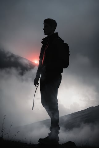 Generate a high-quality and enigmatic image featuring a shirtless man standing contemplatively on the hill top with blood rain falling. foggy srounding, Infuse the scene with an air of mystery, emphasizing the interplay of light and reflections of the plane's surface. Utilize generative techniques to capture the details of the man's silhouette against the sky, creating an image that sparks intrigue land invites viewers to ponder the untold story behind the atmospheric setting. Consider simulating the use of a professional camera, such as a Nikon Z7, to achieve a high-resolution shot that accentuates the mystique of the scene with nuanced red light and fog play, full body ,bright srounding, colour of fog is multiple.,photorealistic