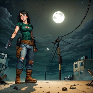 angry sole_female, dark hair, black combat boots, ripped jeans, (dark green tshirt), holding a pistol, walking through a post apocolyptic automobile junkyard,wet ground, Young beauty spirit ,photo of perfecteyes eyes,JeeSoo ,night city