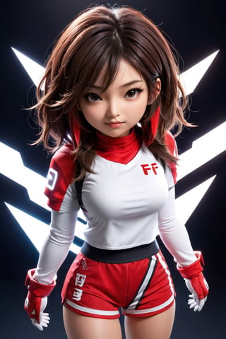 Hexatron, mascot, chibi, 1girl, mixed hairs, red and white, electric effect, the letter "F" marked in the mascot chest, High definition, Photo detailed, intricate, production cinematic character render, ultra high quality model, full-body_portrait,korean girl