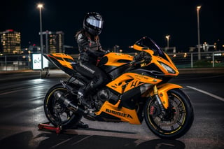 biker, black helmet, male_character, motorcycle,  background, night, race bike, asthetic, spoilers,full bike in frame, full bike picture,highly detaited, 8k, 1000mp,ultra sharp, master peice, realistic,detailed grills, detailed headlights,4k grill, 4k headlights, neon city, great body kit,yhmotorbike