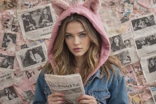  big hair, hair flowing over, messy hair, blue eyes, choker, closed mouth, collar, dog tail, hand in pocket, hat, hat with ears, hood, hoodie, jacket, pink  jacket, long hair, long sleeves, looking at viewer, nail polish, open clothes, open jacket, newspaper wall background,