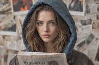  big hair, hair flowing over, messy hair, blue eyes, choker, closed mouth, collar, dog tail, hand in pocket, hood, hoodie, jacket, leather jacket, long hair, long sleeves, looking at viewer, nail polish, open clothes, open jacket, newspaper wall background,