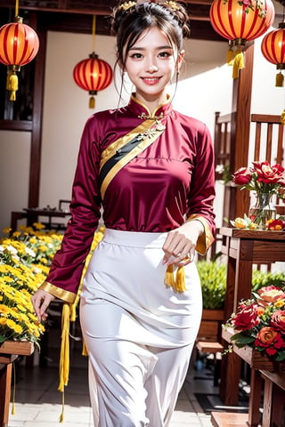 She walks with grace and confidence, her black ao dai adorned with golden dragons and flowers. The fabric flows with her every step, revealing a glimpse of her white trousers and sandals. Her long hair is tied in a bun, secured with a red ribbon. She smiles as she admires the colorful blooms and festive decorations at the Tết floral market. She feels the joy and warmth of the Lunar New Year in the air.
