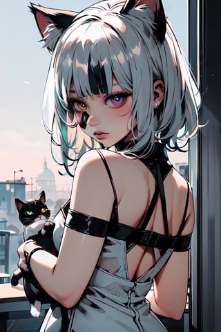 a girl,(heterochromia with green and blue),silver hair,cat eras, two-tone hair,she ((holding cat ears baby)),back ground:white, lineless,IncrsAprobMeme,masterpiece