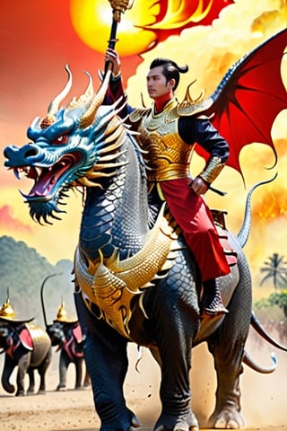 A brave Vietnamese warrior stands tall, dressed in a heavy dragon amor adorned with a mesmerizing gold dragon pattern. He is holding a big spike.He is riding on a Elephant heading to battleground. The dust is blowing. Background is in the fight of a war battleground , his comerad and solders are backing him.