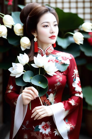 1girl, vietnam beauty face, breasts, brown hair, long sleeves, red ao dai, pattern,holding, jewelry, upper body, flower, earrings, wide sleeves, hair bun, red ao dai, blurry, lips, blurry background, ring, white flower, realistic, head out of frame, holding flower, lotus, wooden fan (pattern)