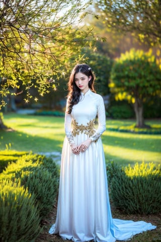 The image depicts a person in a white dress with their face obscured, standing outdoors amidst ethereal lighting. The person is wearing a long, white dress with intricate designs on the sleeves. Their face is obscured by a blurred square, making identification impossible. They are standing in an outdoor setting that appears to be a garden or forest, with trees and rocks visible in the background. Ethereal beams of light filter through the trees, casting an otherworldly glow on the scene. There's a mystical or serene atmosphere created by the combination of natural elements and lighting.