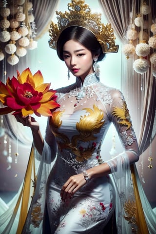 A captivating portrayal of a 28-year-old Vietnamese woman is depicted in this beautiful artwork. She is dressed in a black ao dai, elegantly displaying a vibrant mix of red and yellow phoenix dragon patterns. This high-quality photograph beautifully captures every intricate detail, immersing the viewer in the enchanting charm of the young woman and the cultural significance of her outfit.,Ao dai hoa tiet,ao dai