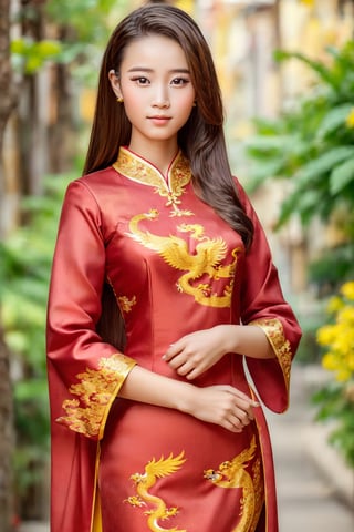 A stunning portrait of an 18-year-old beautiful Vietnamese girl,cute face is depicted in this radiant work of art. The girl possesses remarkable beauty, with a captivating face and captivating eyes that radiate light, further enhanced by studio lighting. She is adorned in a black ao dai, elegantly showcasing a vibrant mix of red and yellow phoenix dragon patterns. This high-quality photograph beautifully captures every intricate detail, immersing the viewer in the enchanting charm of the young girl and the cultural significance of her outfit.